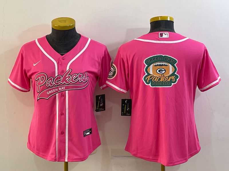 Women%27s Green Bay Packers Pink Team Big Logo With Patch Cool Base Stitched Baseball Jersey